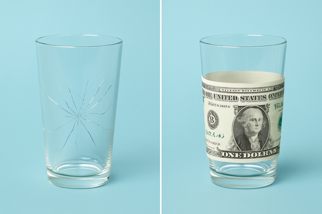 Stack of money covering cracks in a surface, symbolizing how profits can hide structural weaknesses in a business.