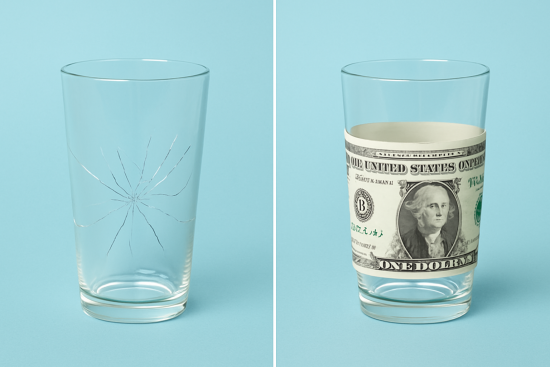 Stack of money covering cracks in a surface, symbolizing how profits can hide structural weaknesses in a business.